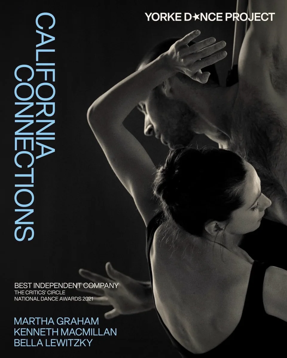 California Connections poster for Yorke Dance Project, featuring two dancers in black and white